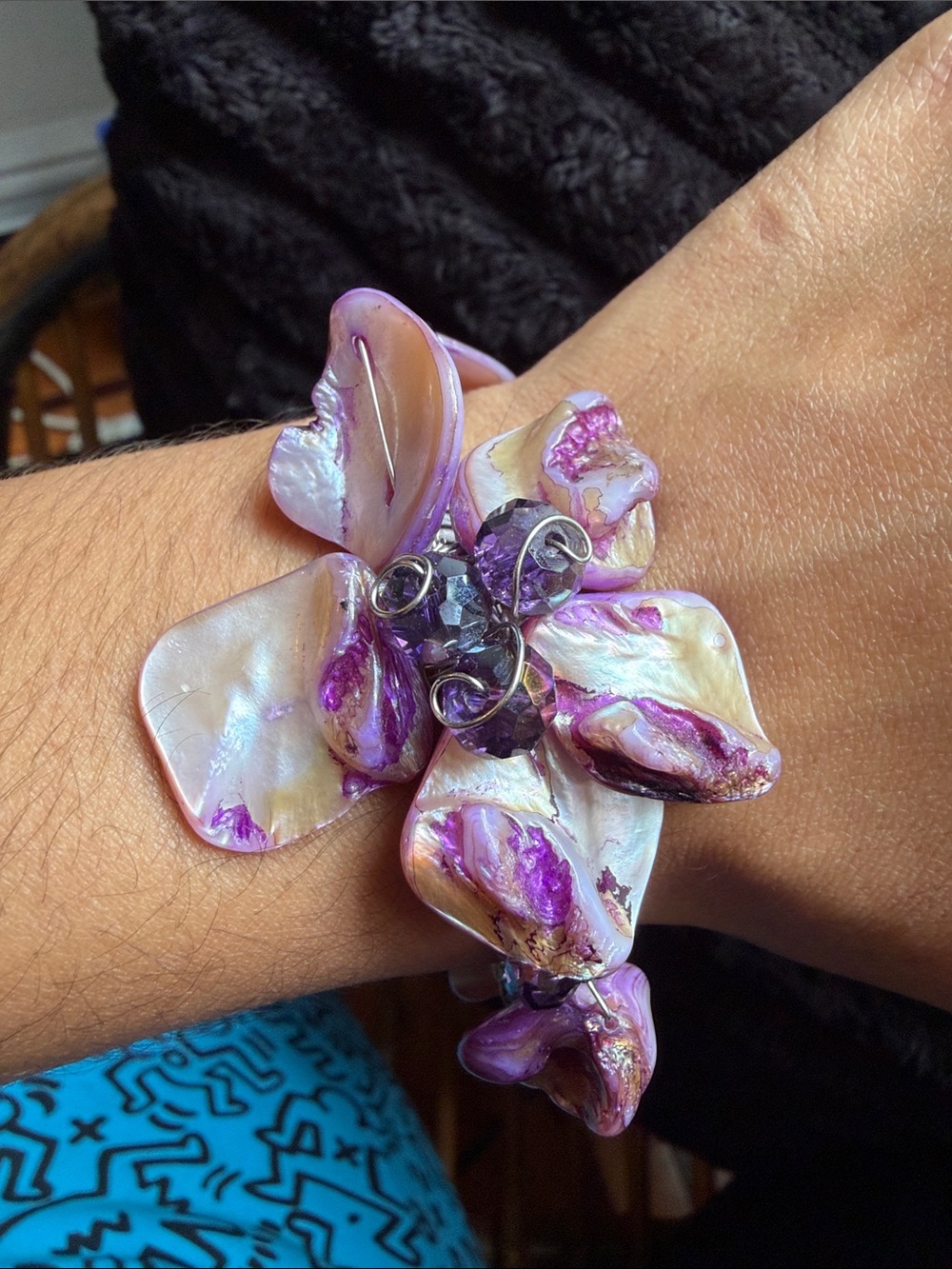 Pearlescent Purple Shell Flower Cuff Bracelet